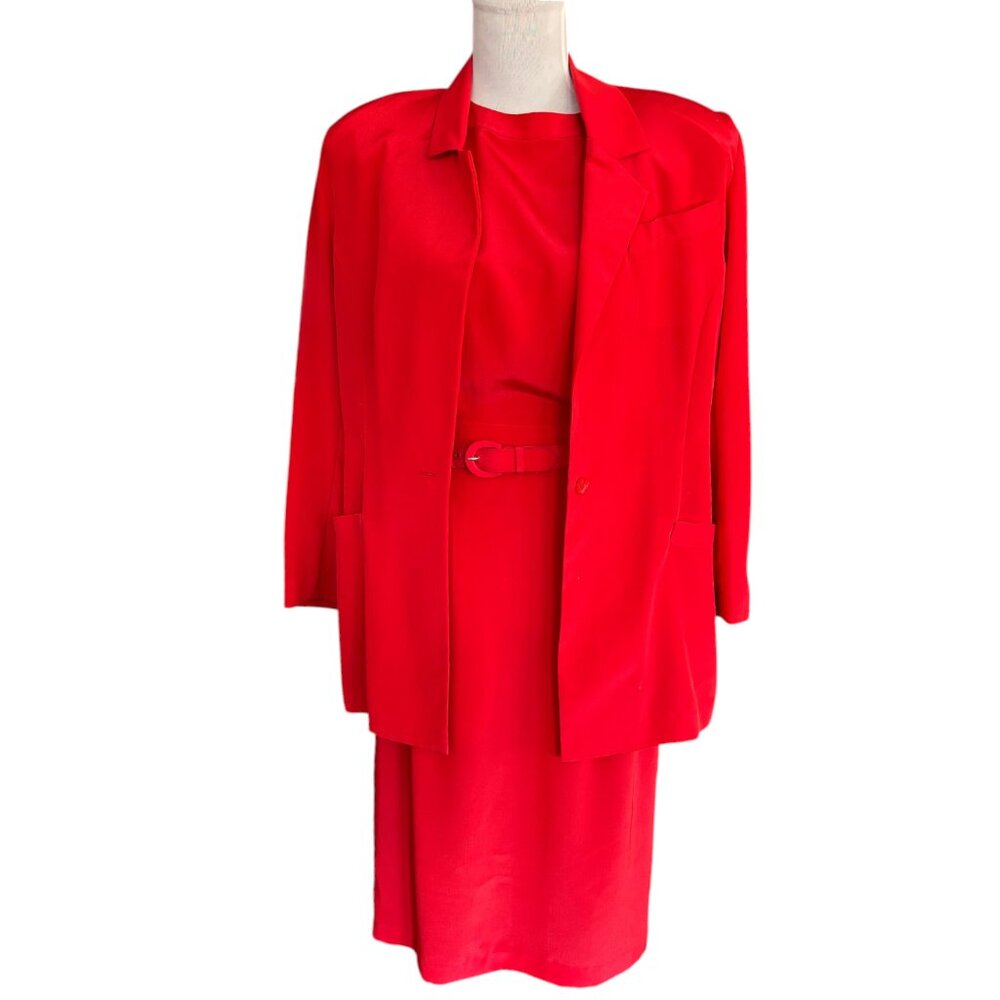 Vintage 80s Argenti Petites 2 piece Red Dress with belt and blazer sz 4‎
